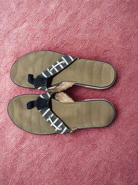 Sperry Navy Striped Thong Sandals with Tan Footbed